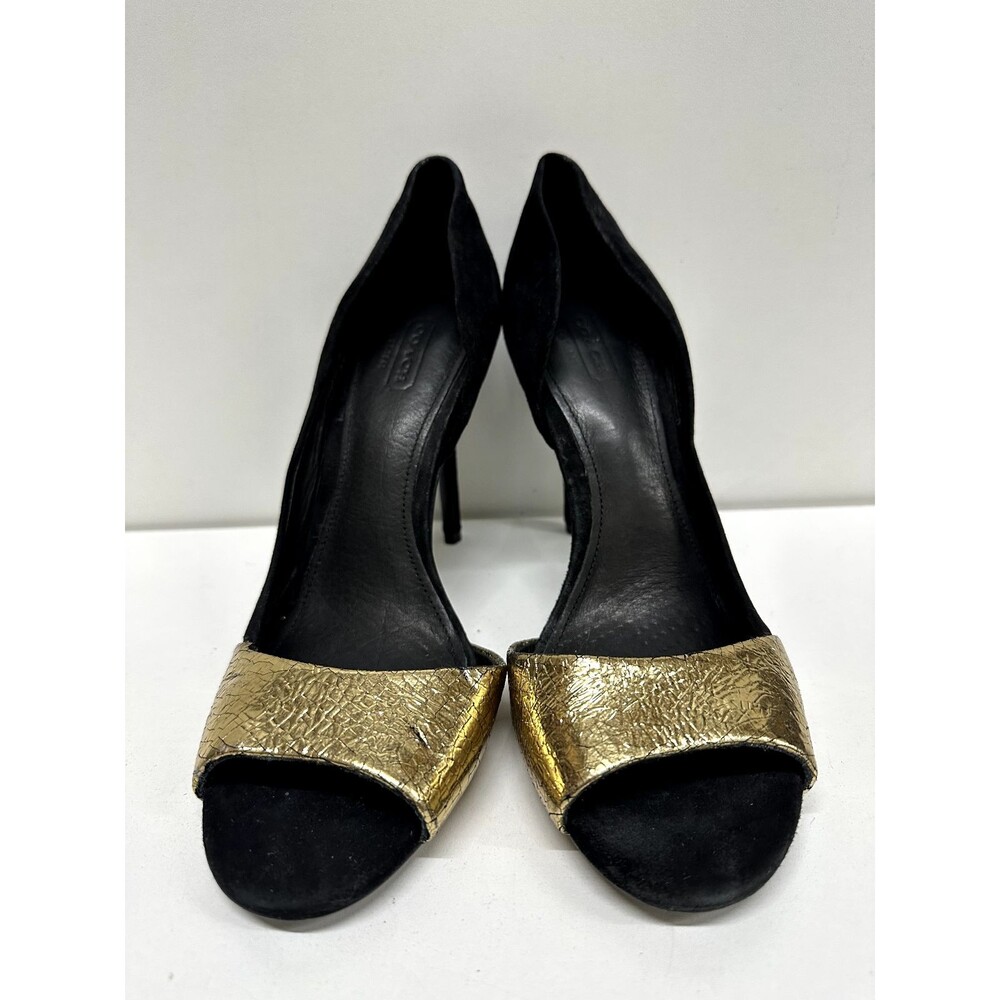 Coach Lytton A4515 women size 8 B black suede/gold leather  open toe stilettos